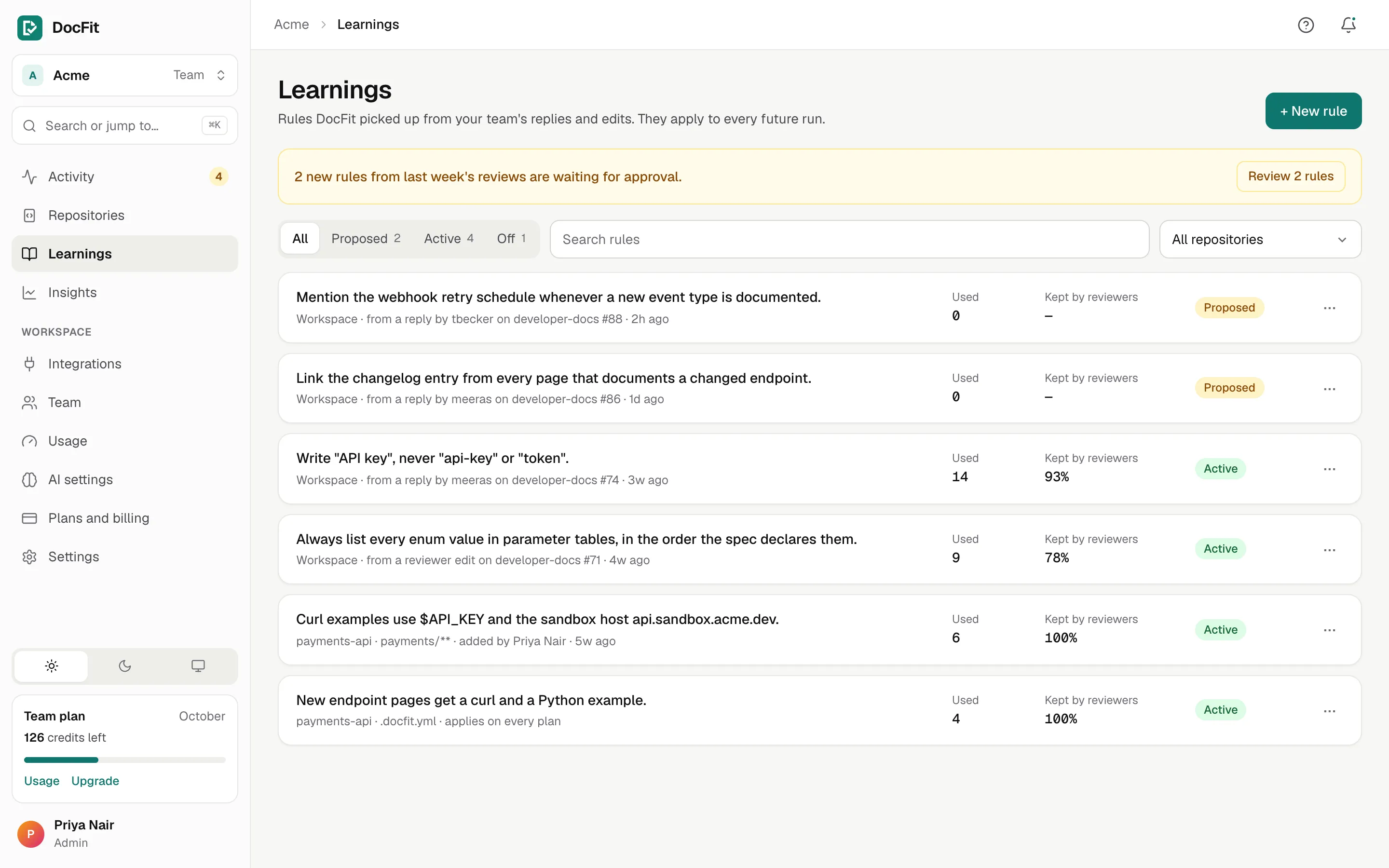 The Learnings page: two proposed rules waiting for approval, and active rules with how often each was used and kept by reviewers.