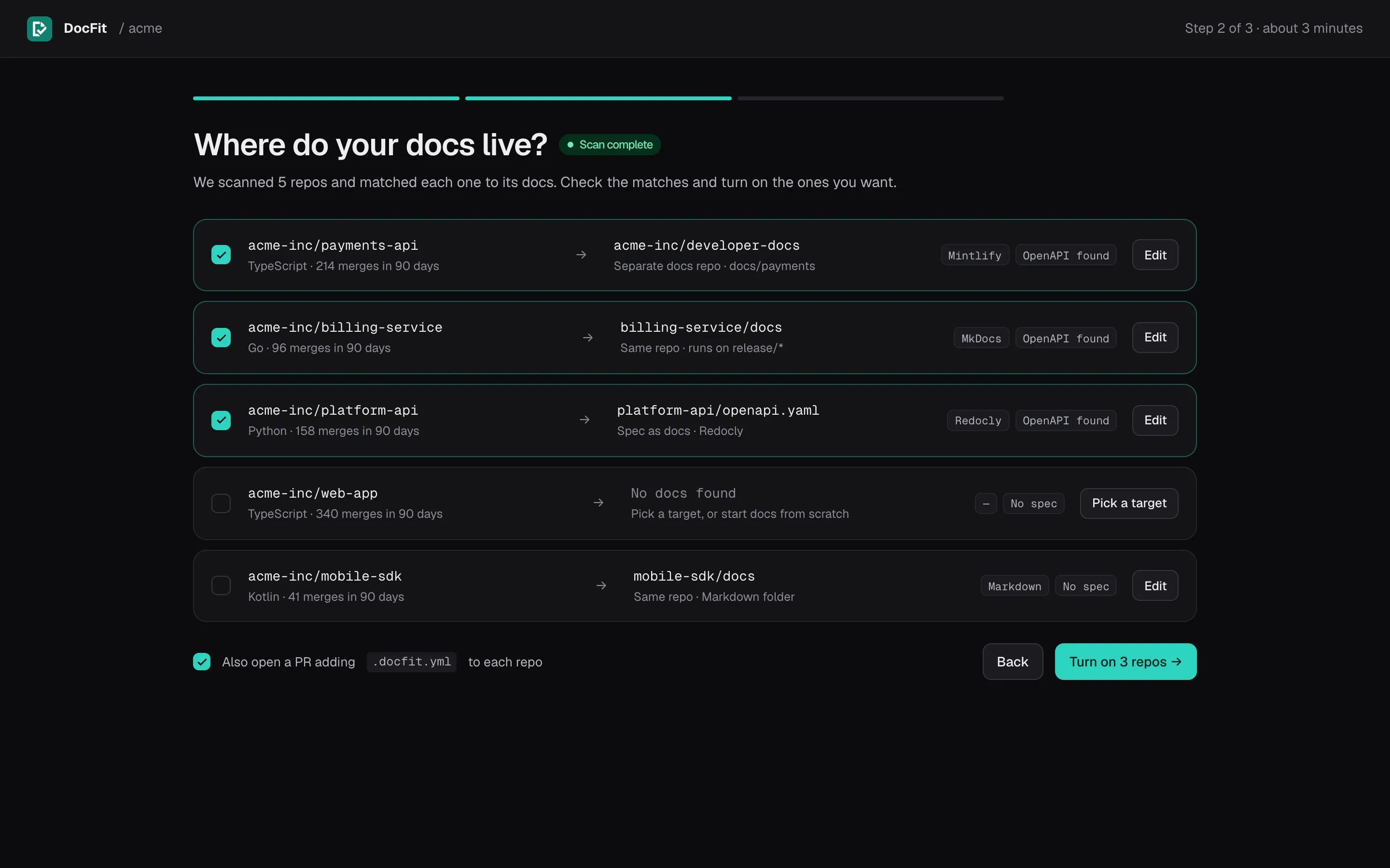 Onboarding: five repositories matched to their docs, with framework and spec detected, three of them selected.