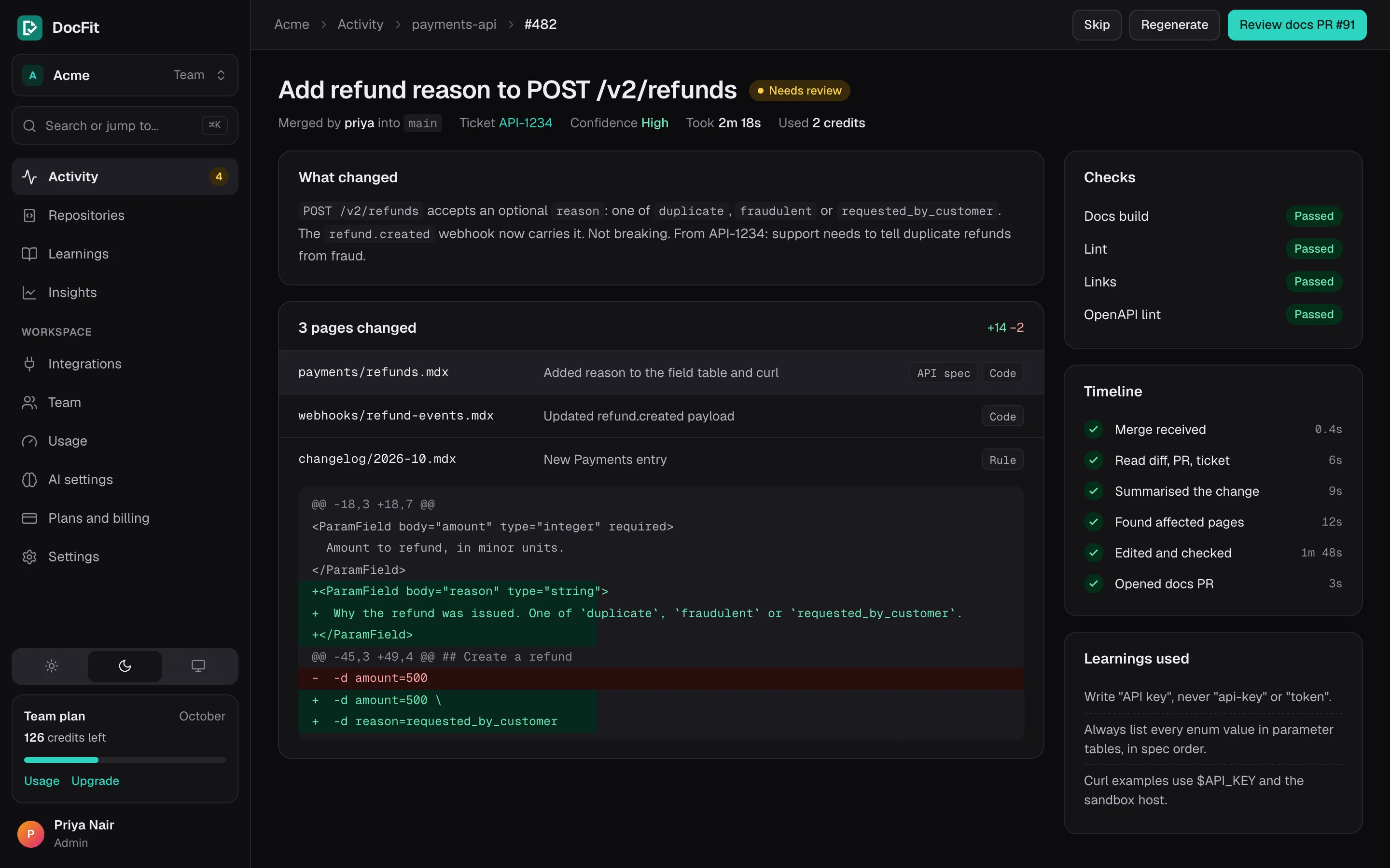 Run detail: what changed, the three pages edited with their reasons and a diff, checks, timeline and the learnings used.